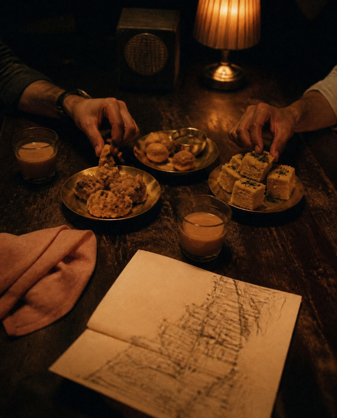 Hands reaching for snacks and chai on a lamplit table