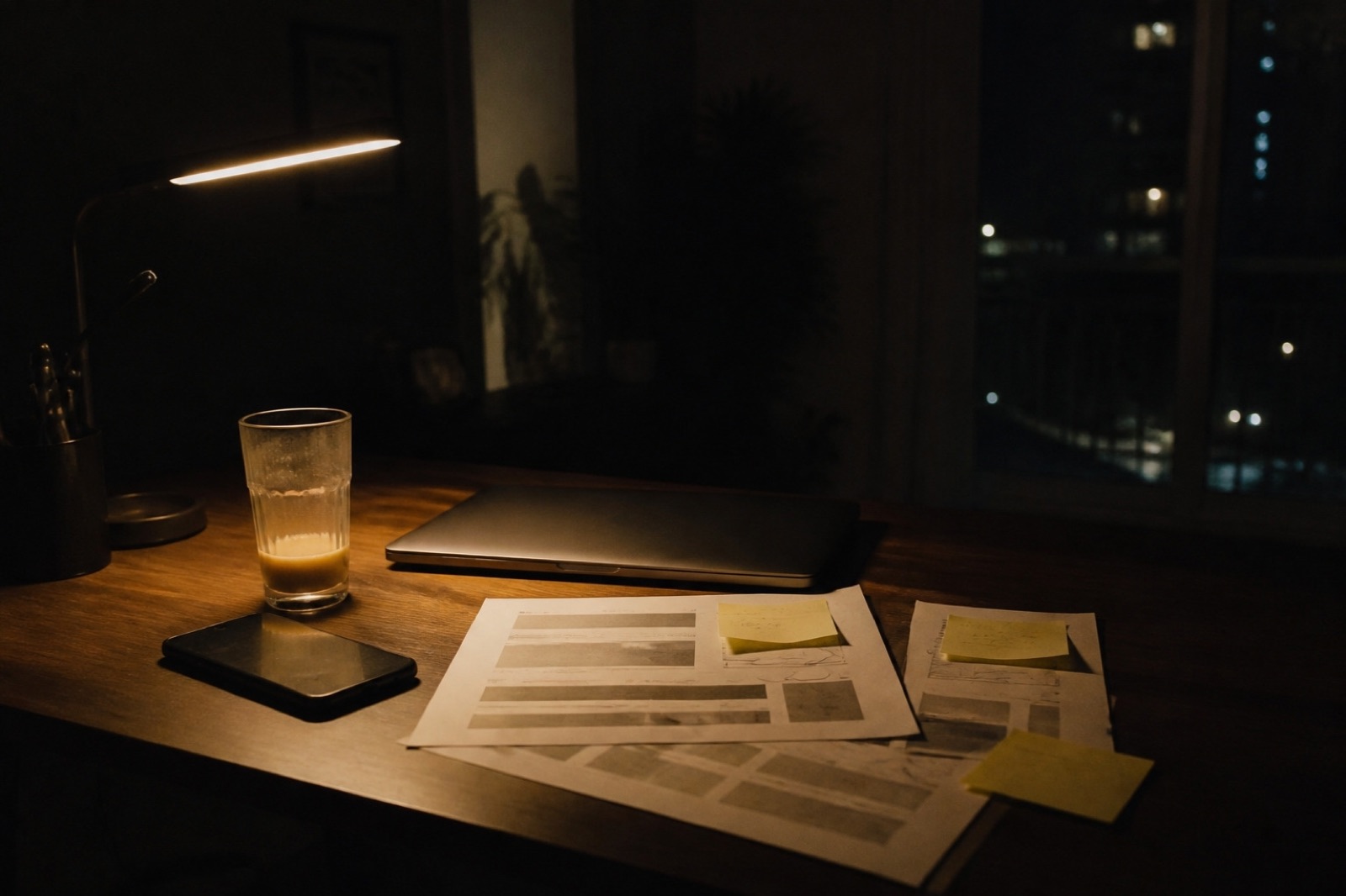 A desk late at night: a closed laptop, a printed deck and cold chai under one lamp