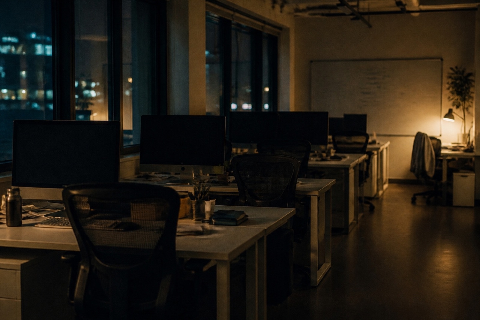 An empty startup office after hours with one lamp still on