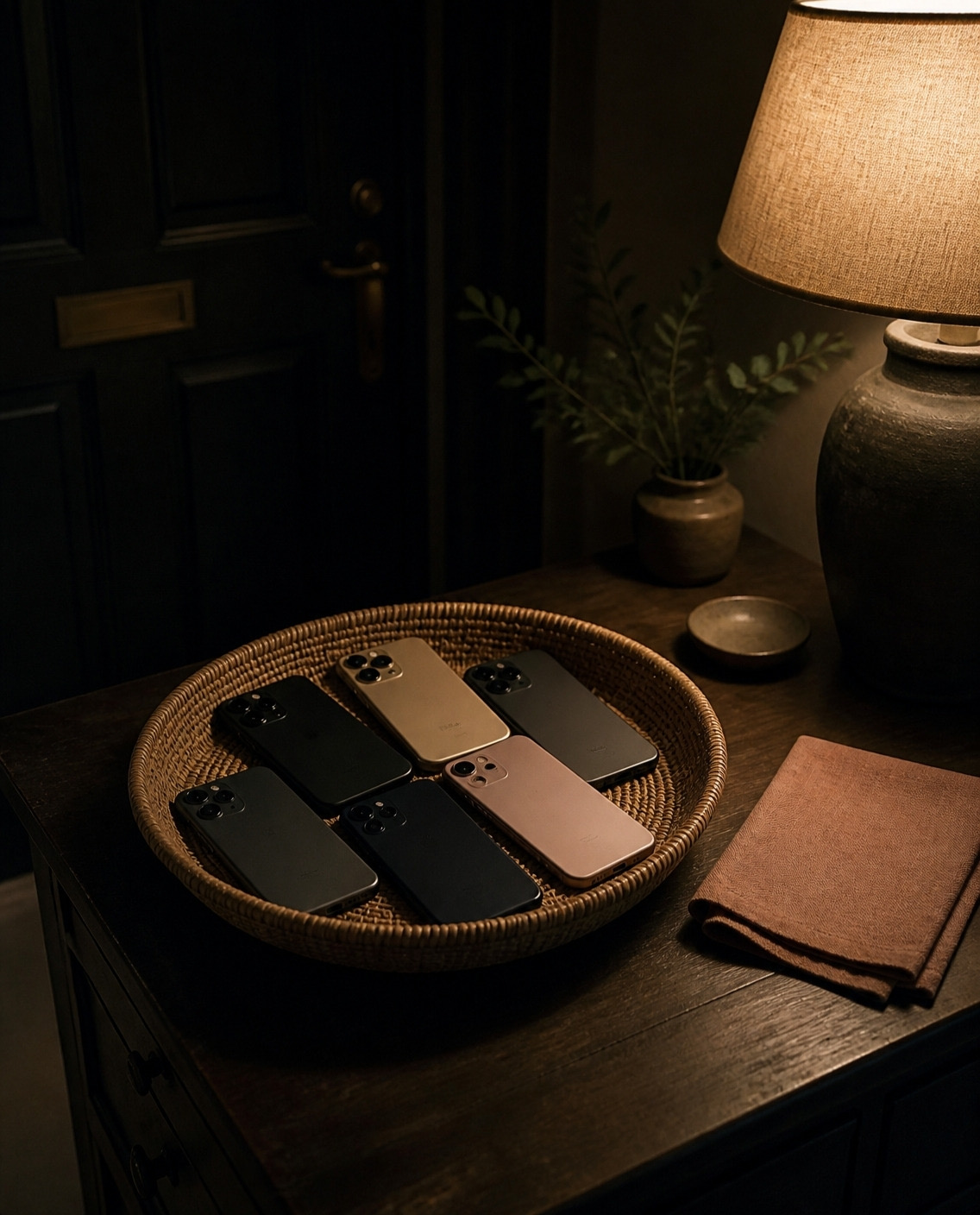 Phones lying face down in a woven basket by the door