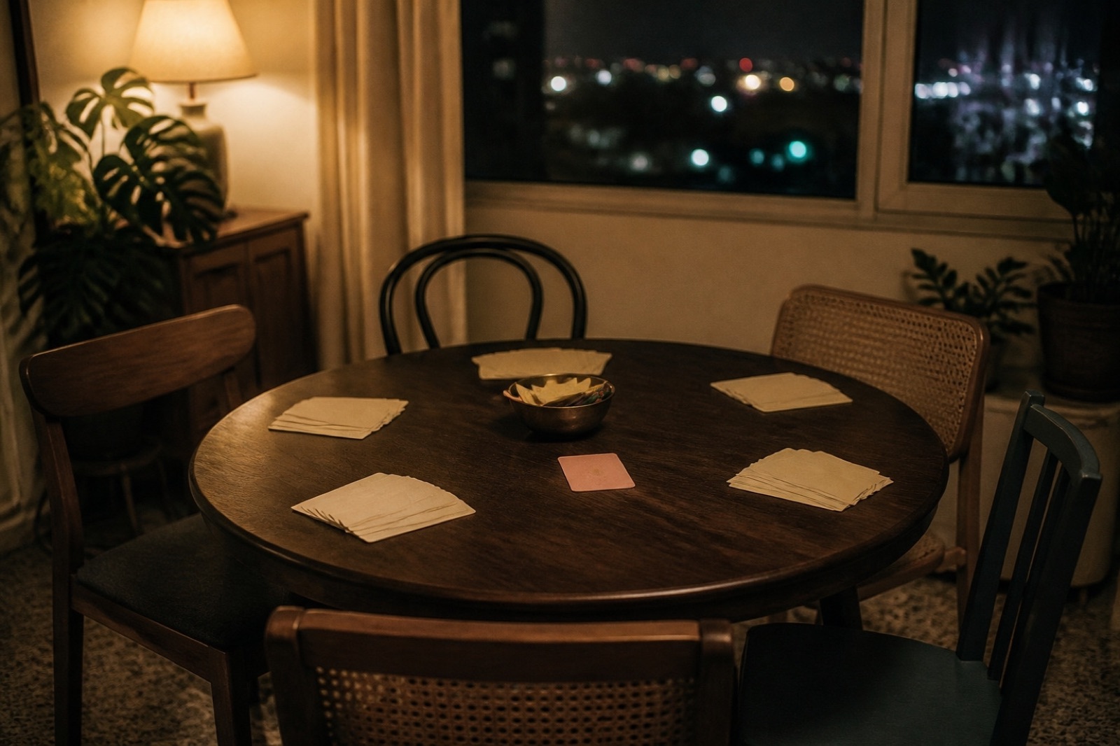 A round table set with paper cards in a lamplit Bengaluru flat, waiting for founders