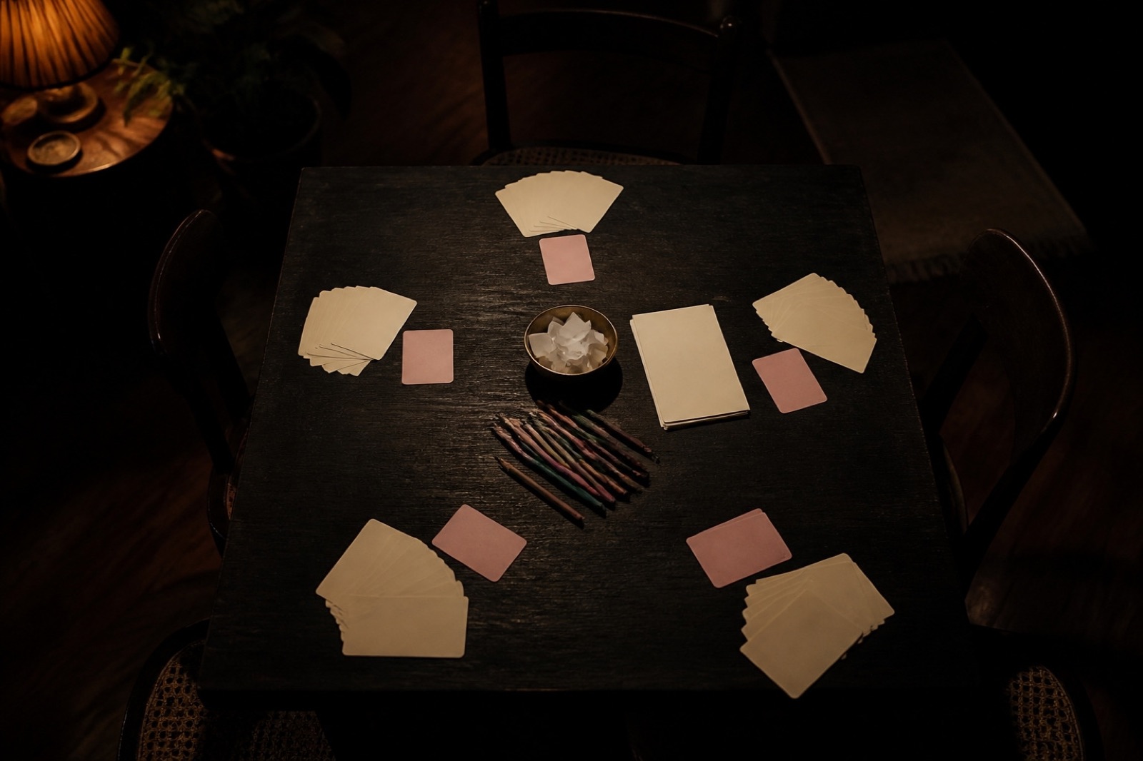 A dark table set for five, a short hand of paper cards dealt at each place, pastels in the middle