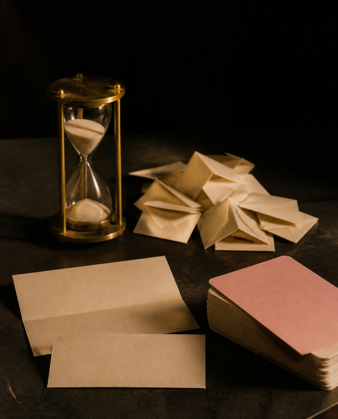 A brass sand timer beside folded paper slips and a deck of cream cards